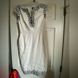 Adrianna Papell White Sheath Dress with Navy Leaf Trim